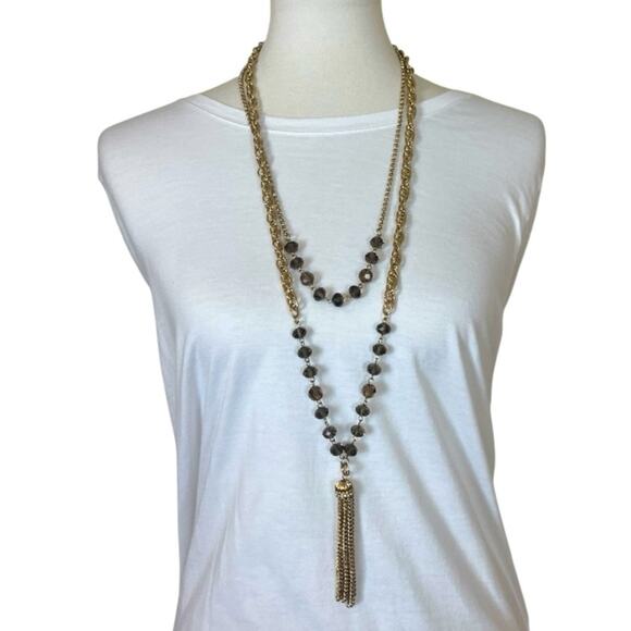 Women’s Necklace Double Strand Tassel Glass Bead Brown Gold 18/20” Length - Picture 1 of 11